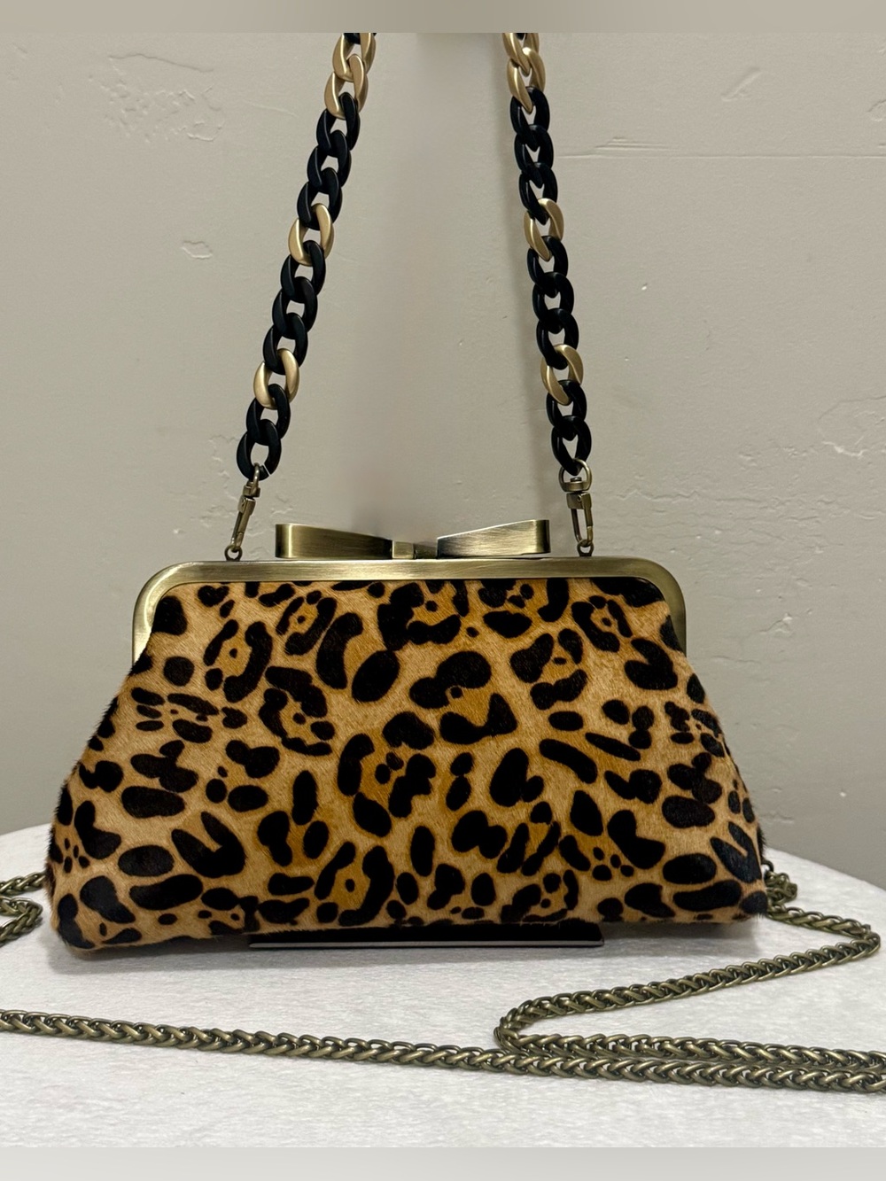 Leopard Print Real Hair-on Horsehide Handmade “Bow” Kisslock Clutch, Crossbody